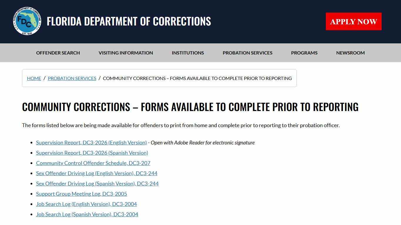 Community Corrections – Forms Available to Complete Prior to Reporting / Probation Services - Florida Department of Corrections